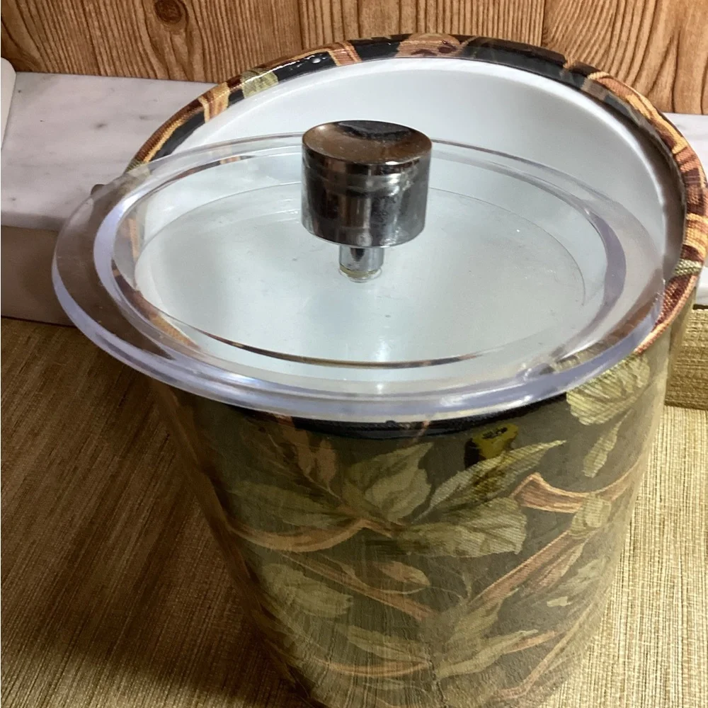 Vintage MCM Large Ice Bucket with Handle Acrylic lid Vine Print Made in USA